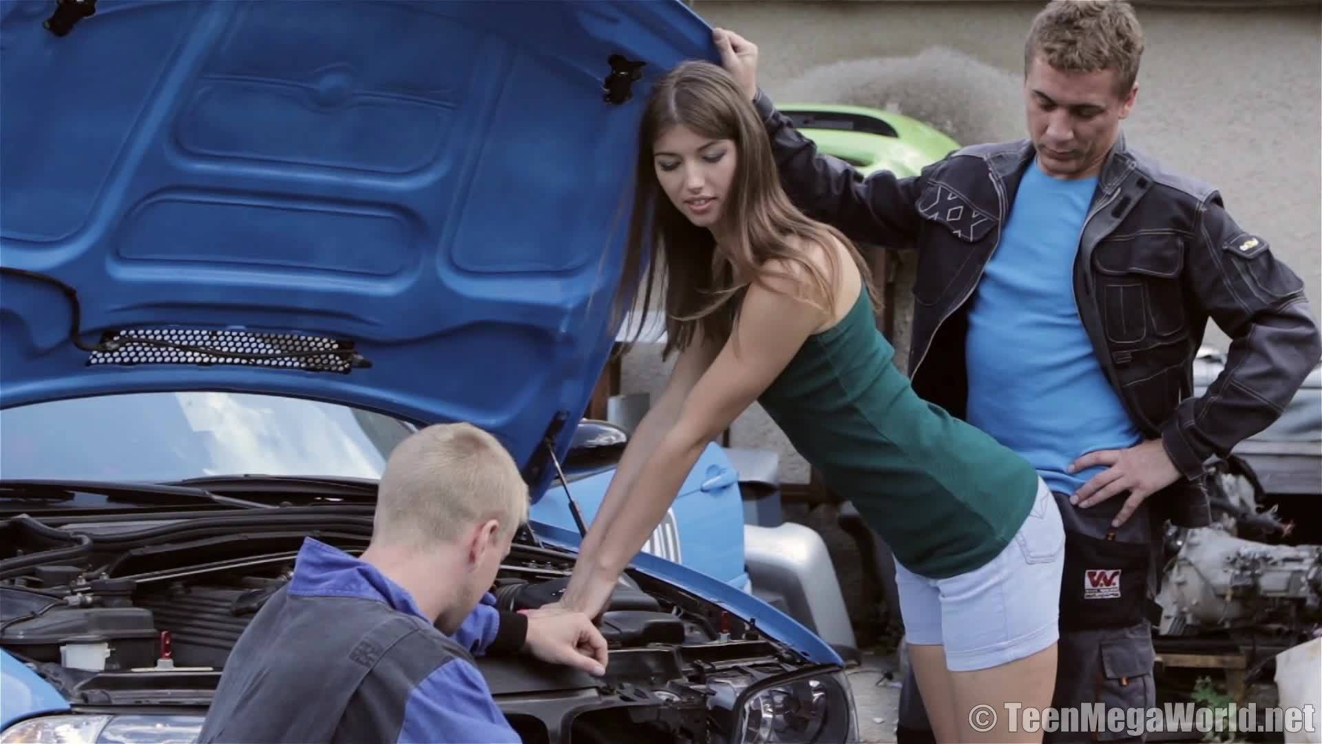 Outdoor threesome car repair jacks off